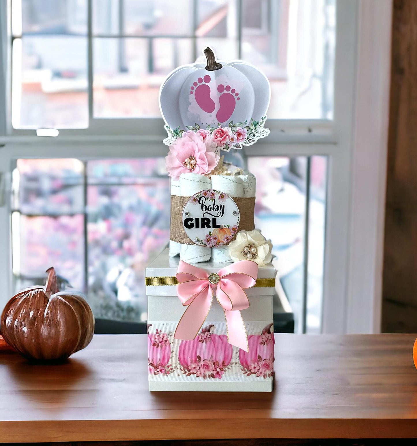 Pink Pumpkin Centerpiece Baby Shower, Gender Reveal Diaper Cake Baby Shower, Centerpieces Decorations, Boy Girl Room Decor, New Mom Gift