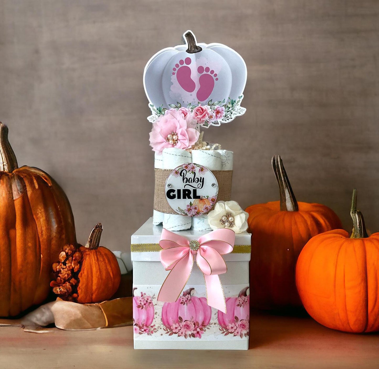 Pink Pumpkin Centerpiece Baby Shower, Gender Reveal Diaper Cake Baby Shower, Centerpieces Decorations, Boy Girl Room Decor, New Mom Gift