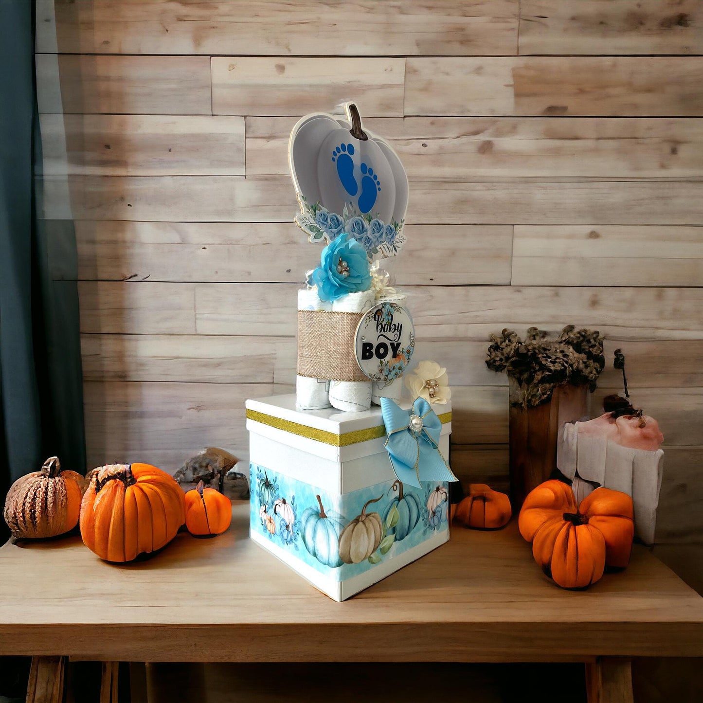 Blue Pumpkin Centerpiece Baby Shower, Gender Reveal Diaper Cake Baby Shower, Centerpieces Decorations, Boy Room Decor, New Mom Gift