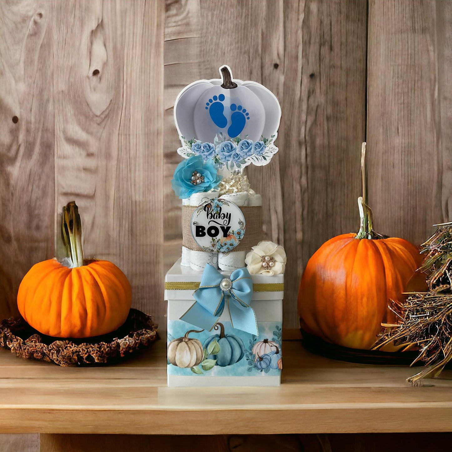 Blue Pumpkin Centerpiece Baby Shower, Gender Reveal Diaper Cake Baby Shower, Centerpieces Decorations, Boy Room Decor, New Mom Gift