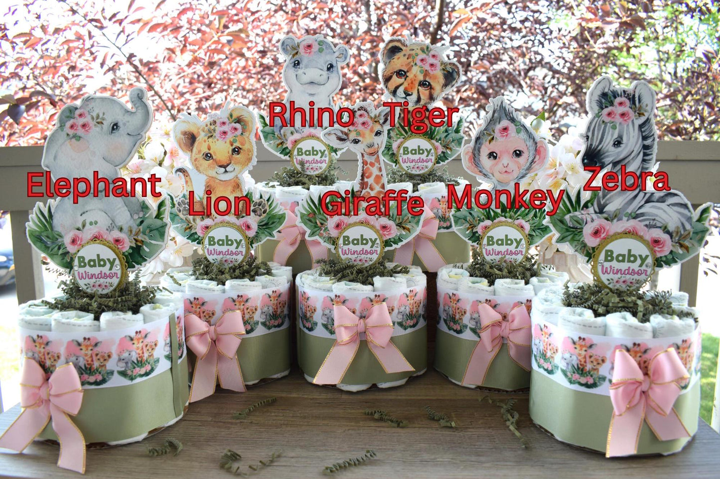 Girl Jungle Safari Mini Diaper Cake Set Baby Shower, Baby Shower Centerpieces Decorations, Girls Room Nursery Decor, New Mom Gifts - S0002