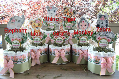 Girl Jungle Safari Mini Diaper Cake Set Baby Shower, Baby Shower Centerpieces Decorations, Girls Room Nursery Decor, New Mom Gifts - S0002