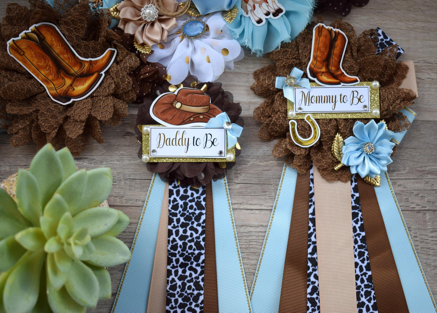 Blue Cowboy Baby Shower, Blue Cowboy Maternity Sash, Boy Cowboy Mommy and Daddy To Be Pin, Blue Brown Flower Sash, Blue Boot Hat Corsage Pin - Celebrations By Cris