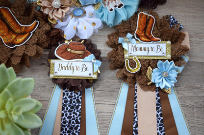 Blue Cowboy Baby Shower, Blue Cowboy Maternity Sash, Boy Cowboy Mommy and Daddy To Be Pin, Blue Brown Flower Sash, Blue Boot Hat Corsage Pin - Celebrations By Cris