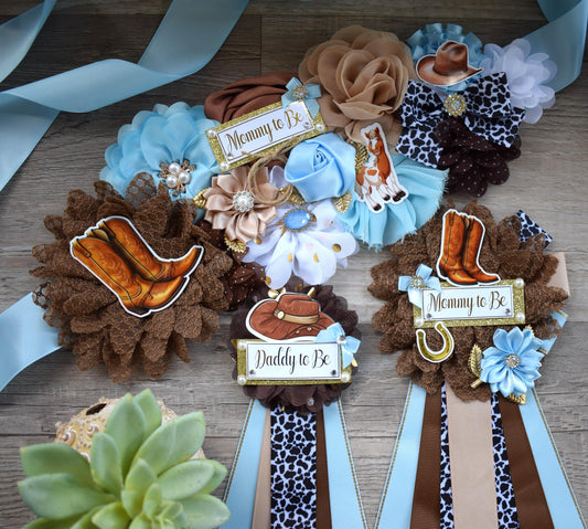 Blue Cowboy Baby Shower, Blue Cowboy Maternity Sash, Boy Cowboy Mommy and Daddy To Be Pin, Blue Brown Flower Sash, Blue Boot Hat Corsage Pin - Celebrations By Cris