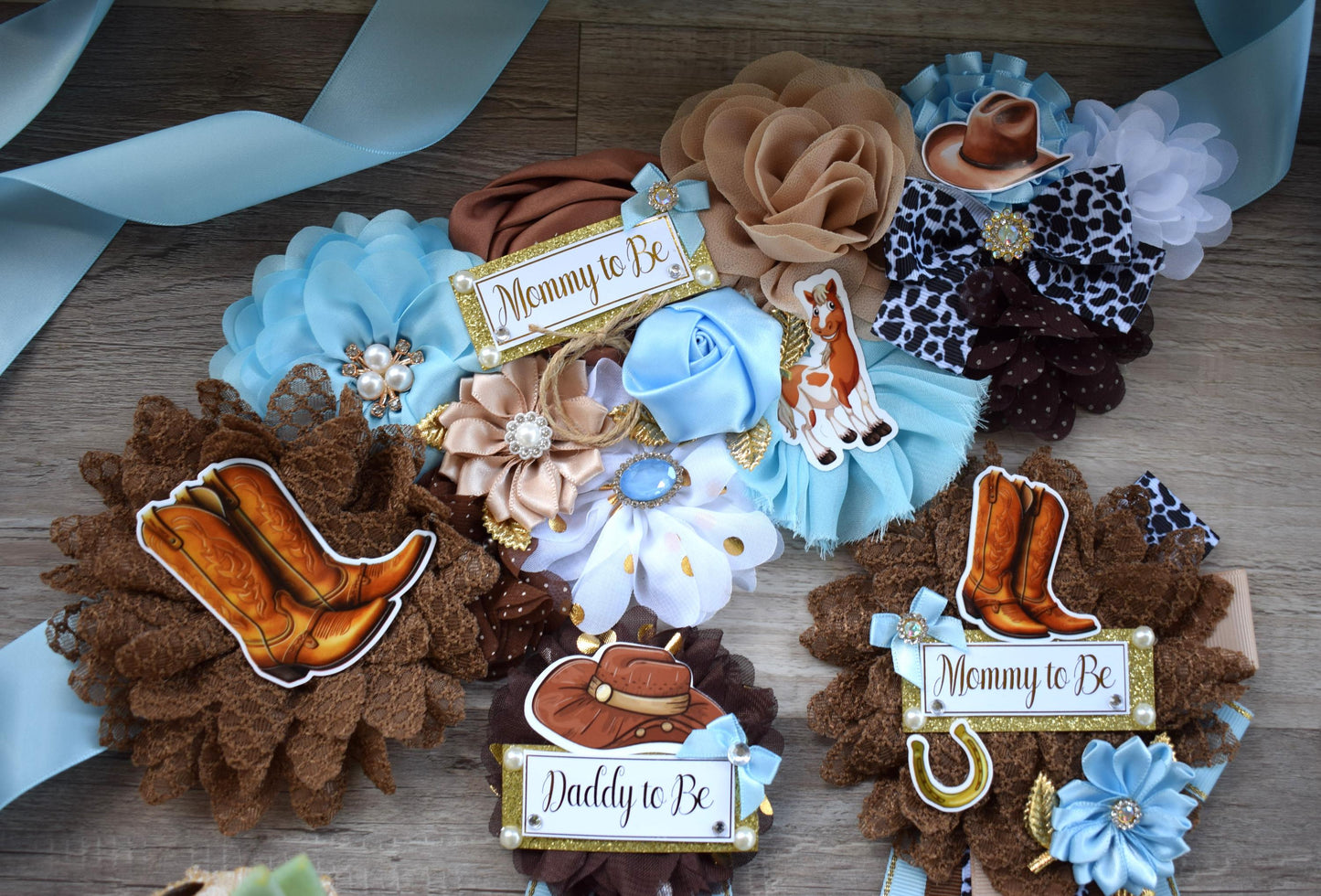 Blue Cowboy Baby Shower, Blue Cowboy Maternity Sash, Boy Cowboy Mommy and Daddy To Be Pin, Blue Brown Flower Sash, Blue Boot Hat Corsage Pin - Celebrations By Cris