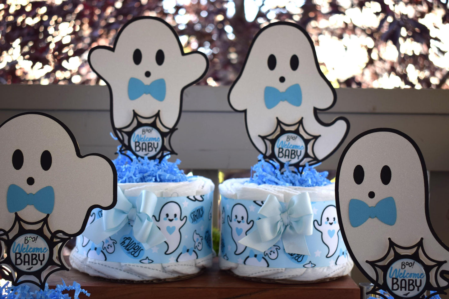 Blue Boy Ghost Mini Diaper Cake Baby Shower, Boy Blue Halloween Baby Shower Centerpieces Decorations, Blue Ghost Shower Party Decor - S0011