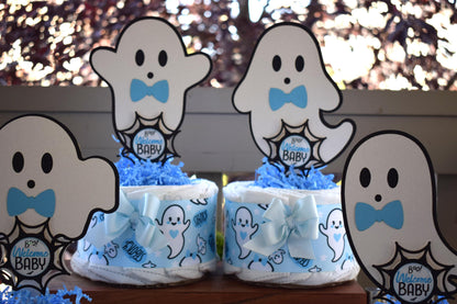 Blue Boy Ghost Mini Diaper Cake Baby Shower, Boy Blue Halloween Baby Shower Centerpieces Decorations, Blue Ghost Shower Party Decor - S0011