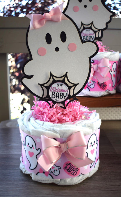 Pink Girl Ghost Mini Diaper Cake Baby Shower, Girl Pink Halloween Baby Shower Centerpieces Decorations, Pink Ghost Shower Party Decor - S011