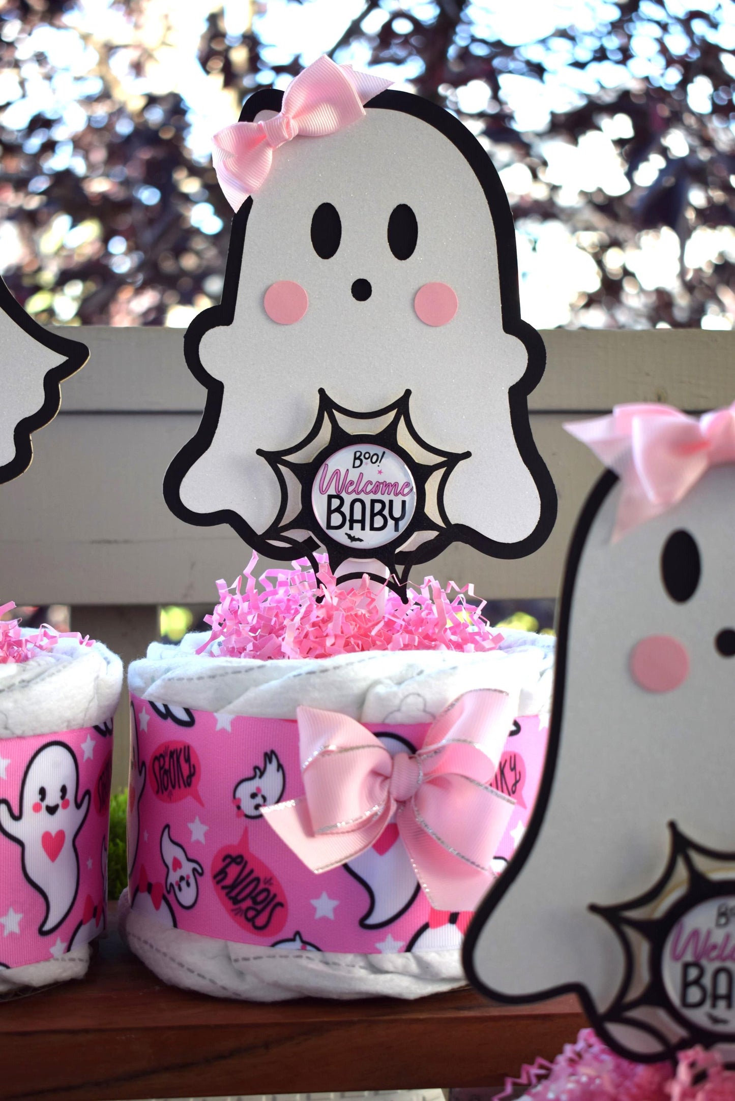 Pink Girl Ghost Mini Diaper Cake Baby Shower, Girl Pink Halloween Baby Shower Centerpieces Decorations, Pink Ghost Shower Party Decor - S011