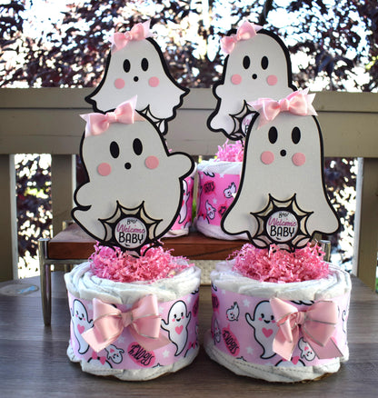 Pink Girl Ghost Mini Diaper Cake Baby Shower, Girl Pink Halloween Baby Shower Centerpieces Decorations, Pink Ghost Shower Party Decor - S011