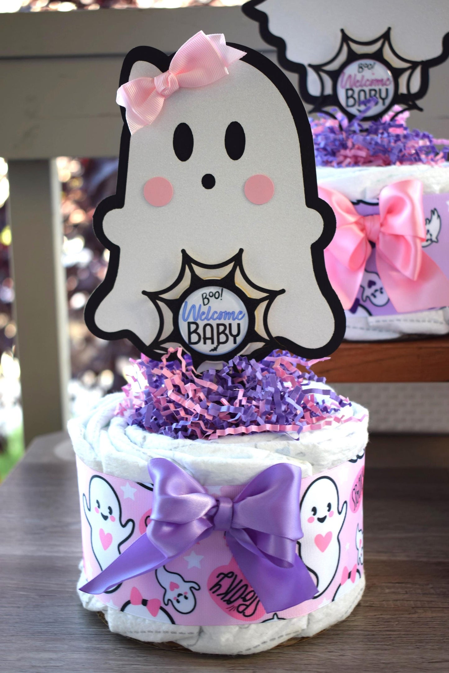 Pink Lavender Ghost Mini Diaper Cake Baby Shower, Girl Pink Halloween Baby Shower Centerpieces Decorations, Purple Ghost Shower Party Decor