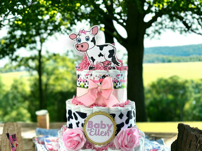 Pink Cow Diaper Cake Baby Shower, Cow Cake Centerpieces Decor, Girl Cow Room Nursery Decor, New Mom Gift II 3 Tier Diaper