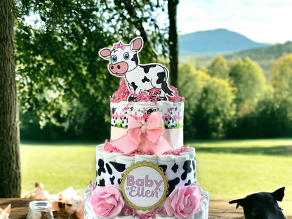 Pink Cow Diaper Cake Baby Shower, Cow Cake Centerpieces Decor, Girl Cow Room Nursery Decor, New Mom Gift II 3 Tier Diaper