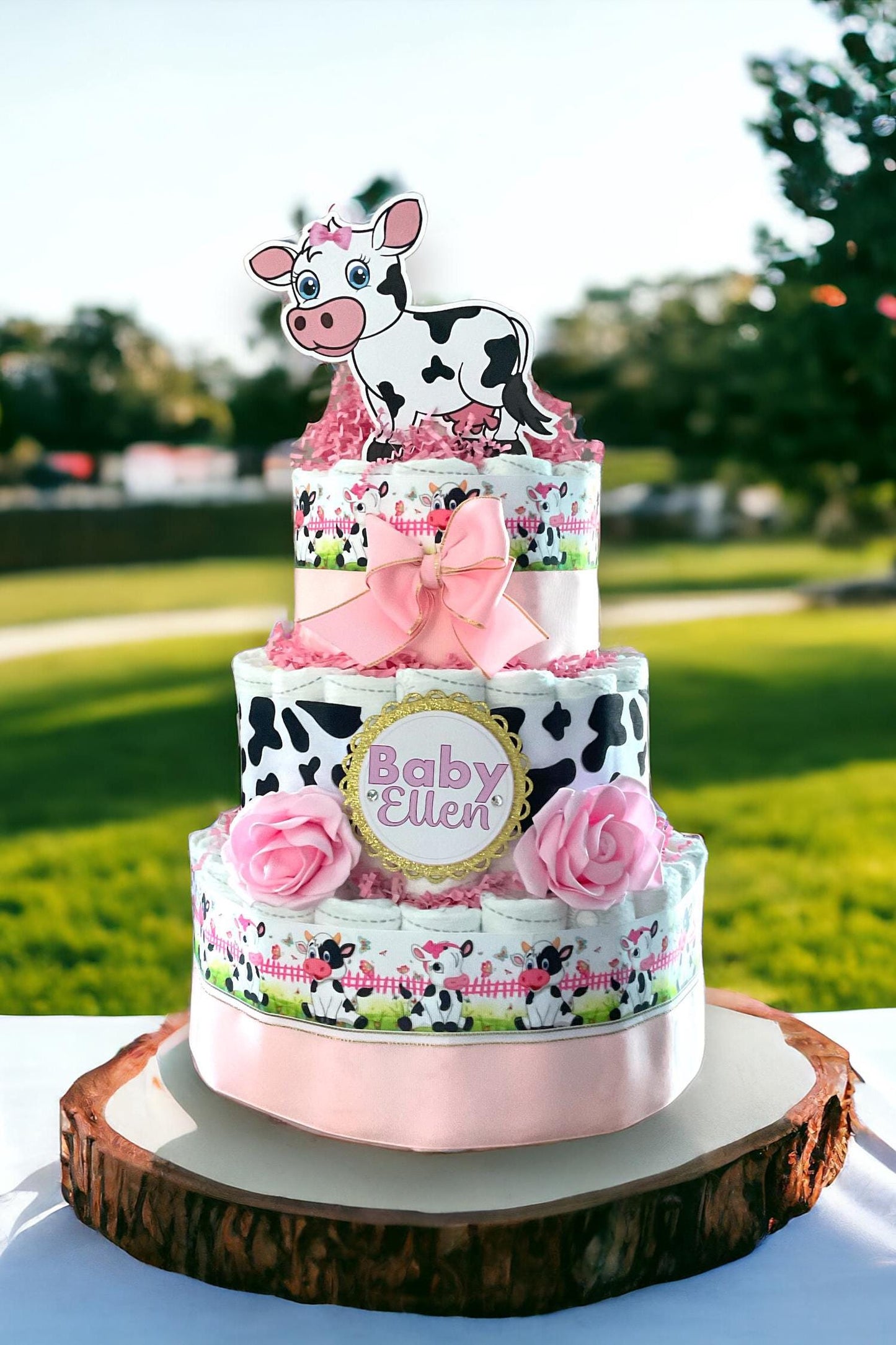 Pink Cow Diaper Cake Baby Shower, Cow Cake Centerpieces Decor, Girl Cow Room Nursery Decor, New Mom Gift II 3 Tier Diaper