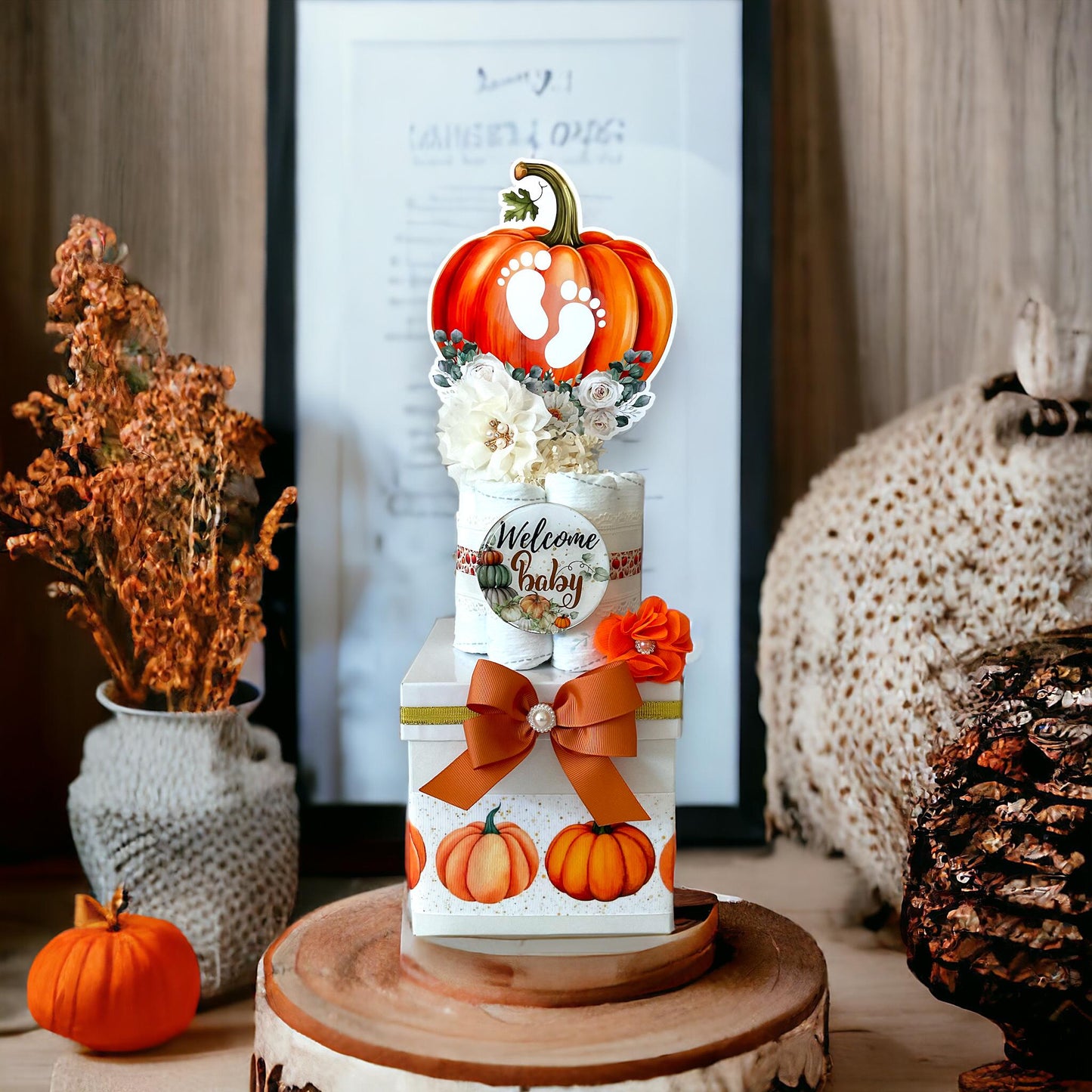 Orange Pumpkin Centerpiece Baby Shower, Gender Reveal Diaper Cake Baby Shower, Centerpieces Decorations, Boy Girl Room Decor, New Mom Gift