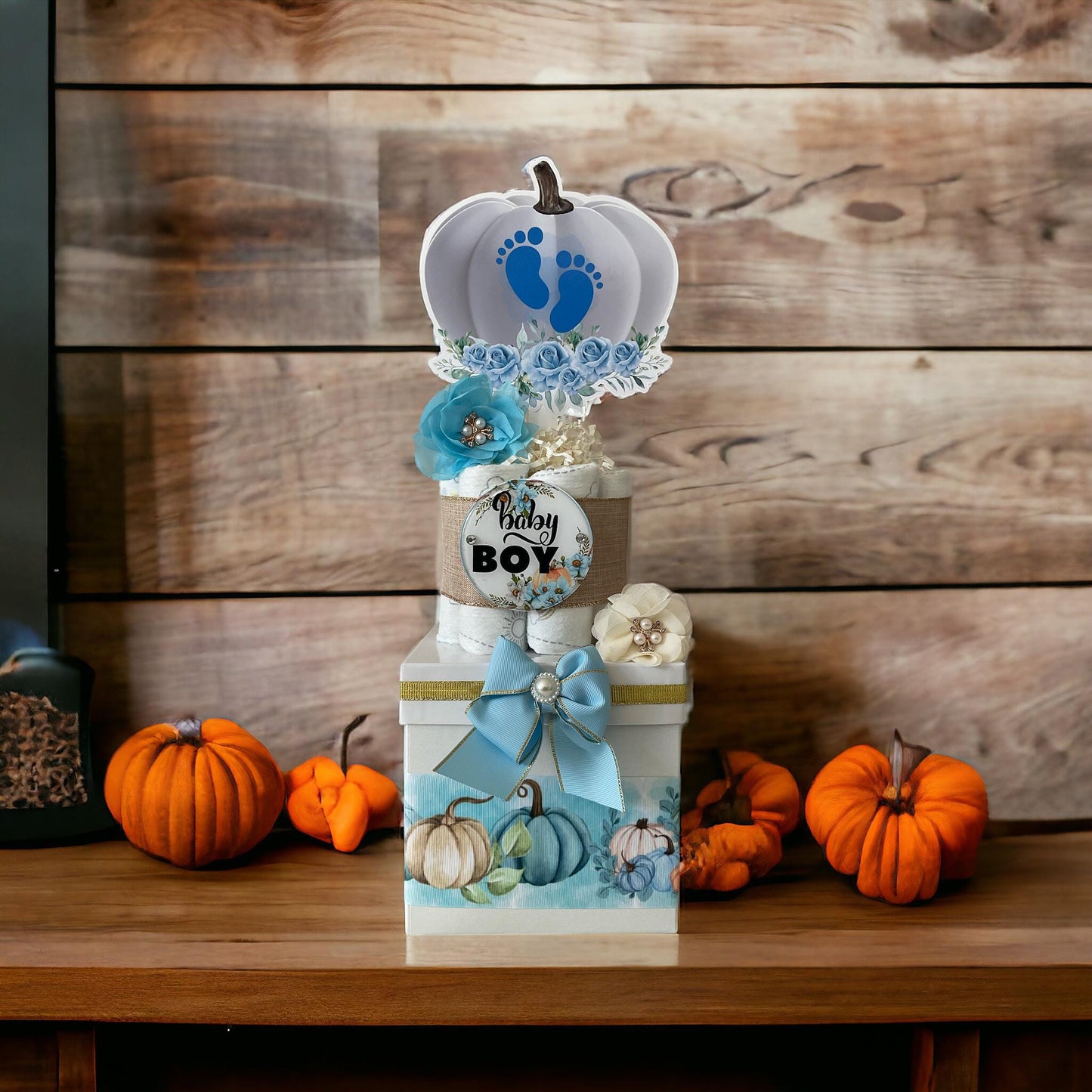 Blue Pumpkin Centerpiece Baby Shower, Gender Reveal Diaper Cake Baby Shower, Centerpieces Decorations, Boy Room Decor, New Mom Gift