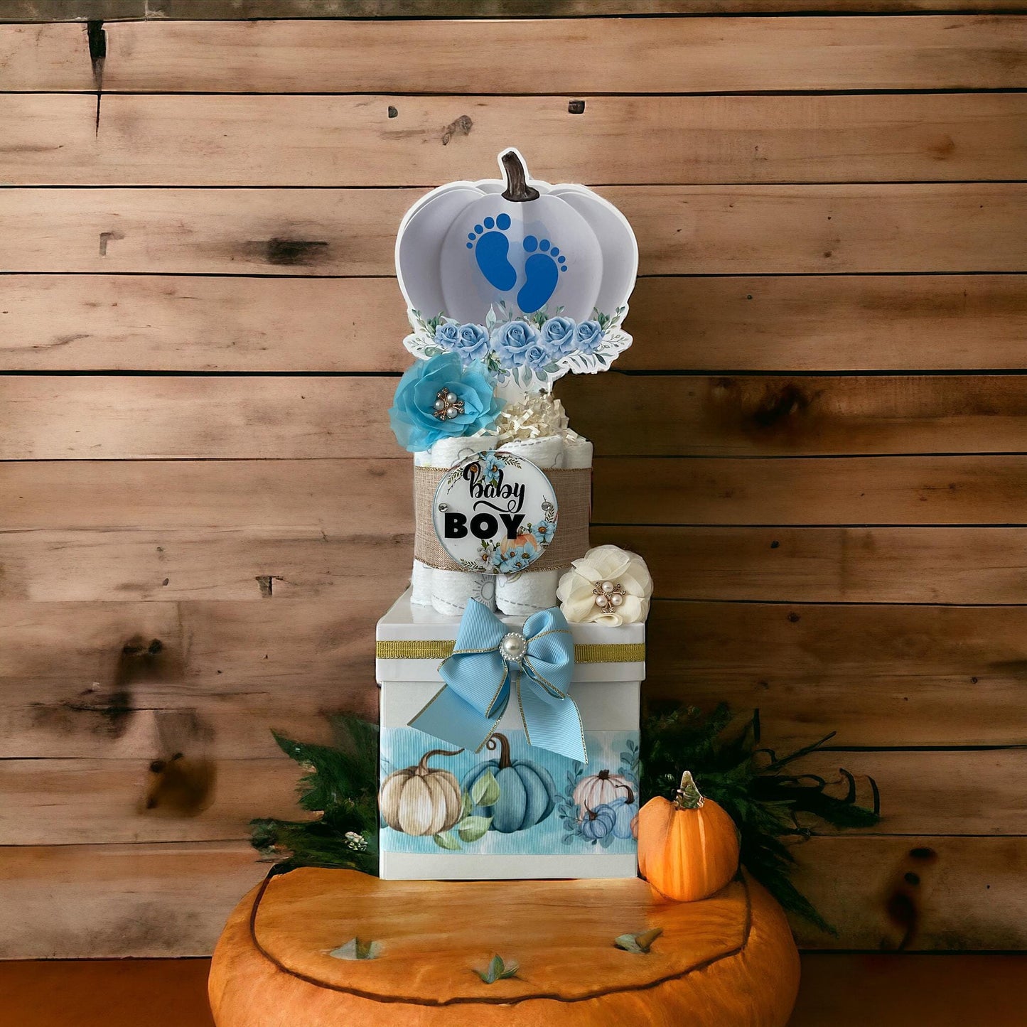 Blue Pumpkin Centerpiece Baby Shower, Gender Reveal Diaper Cake Baby Shower, Centerpieces Decorations, Boy Room Decor, New Mom Gift