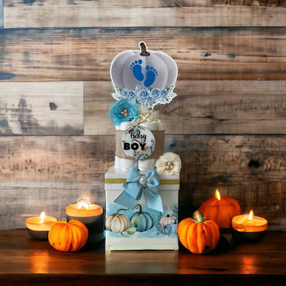 Blue Pumpkin Centerpiece Baby Shower, Gender Reveal Diaper Cake Baby Shower, Centerpieces Decorations, Boy Room Decor, New Mom Gift