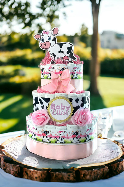 Pink Cow Diaper Cake Baby Shower, Cow Cake Centerpieces Decor, Girl Cow Room Nursery Decor, New Mom Gift II 3 Tier Diaper