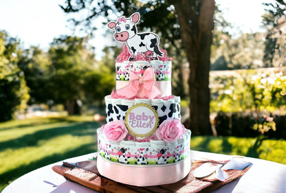 Pink Cow Diaper Cake Baby Shower, Cow Cake Centerpieces Decor, Girl Cow Room Nursery Decor, New Mom Gift II 3 Tier Diaper