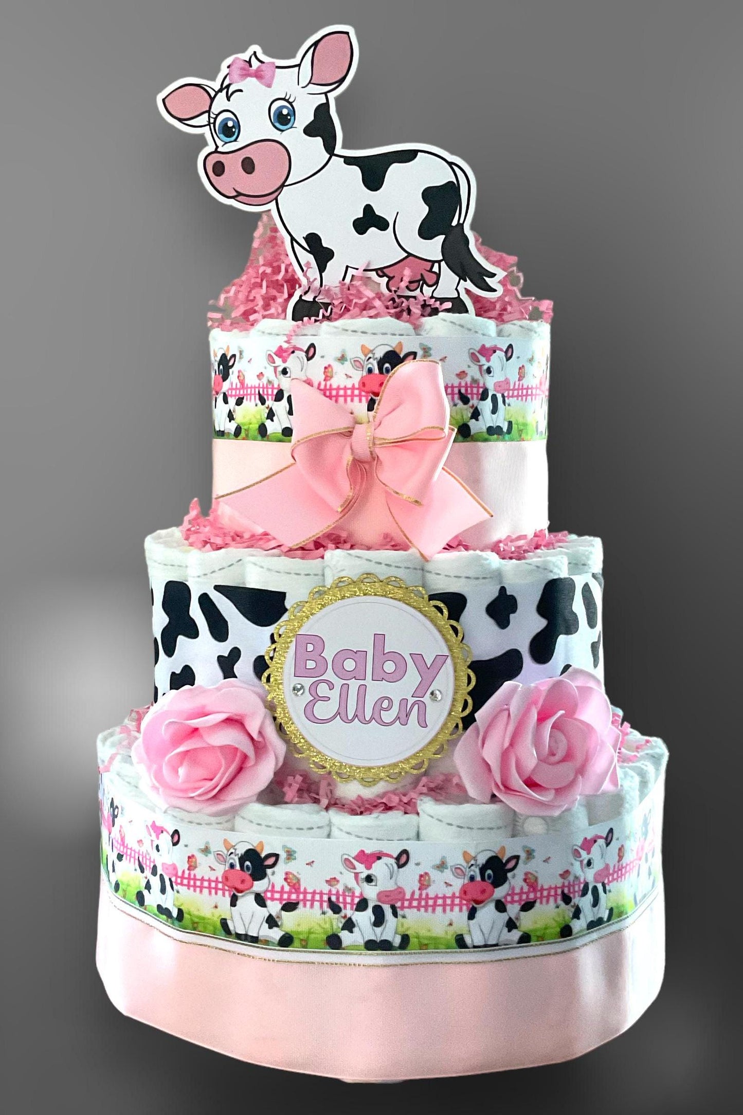 Pink Cow Diaper Cake Baby Shower, Cow Cake Centerpieces Decor, Girl Cow Room Nursery Decor, New Mom Gift II 3 Tier Diaper