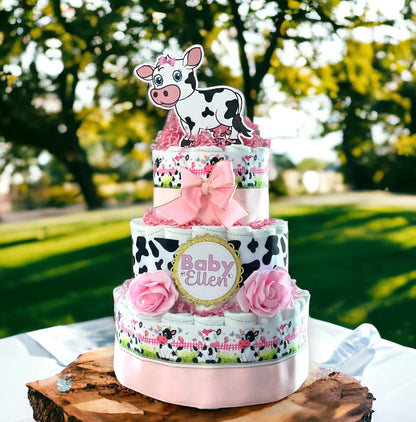 Pink Cow Diaper Cake Baby Shower, Cow Cake Centerpieces Decor, Girl Cow Room Nursery Decor, New Mom Gift II 3 Tier Diaper