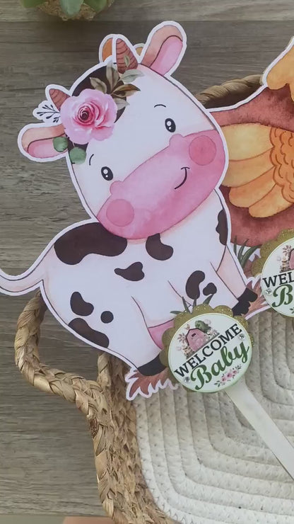 Girl Farm Animal Cake Toppers, Baby Shower Party, Girl Baby Shower Centerpieces Decorations, Room Nursery Decor, New Mom Gifts - S0003