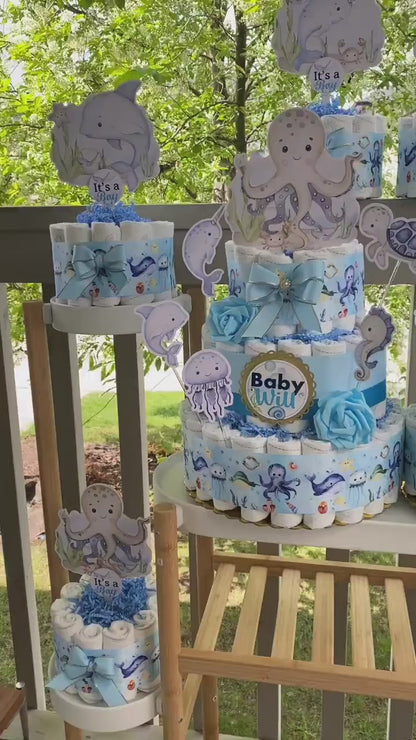 Under The Sea Mini Diaper Cake Set Baby Shower, Octopus Baby Shower Centerpieces Decorations, Boy Room Nursery Decor, New Mom Gifts - S00015