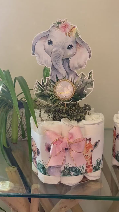 Girl Jungle Safari Mini Diaper Cake Set Baby Shower, Baby Shower Centerpieces Decorations, Girls Room Nursery Decor, New Mom Gifts - S0002