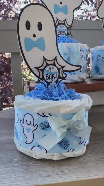 Blue Boy Ghost Mini Diaper Cake Baby Shower, Boy Blue Halloween Baby Shower Centerpieces Decorations, Blue Ghost Shower Party Decor - S0011