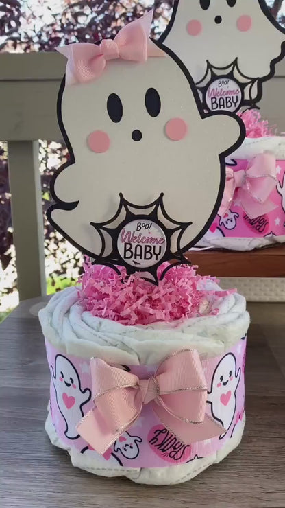 Pink Girl Ghost Mini Diaper Cake Baby Shower, Girl Pink Halloween Baby Shower Centerpieces Decorations, Pink Ghost Shower Party Decor - S011