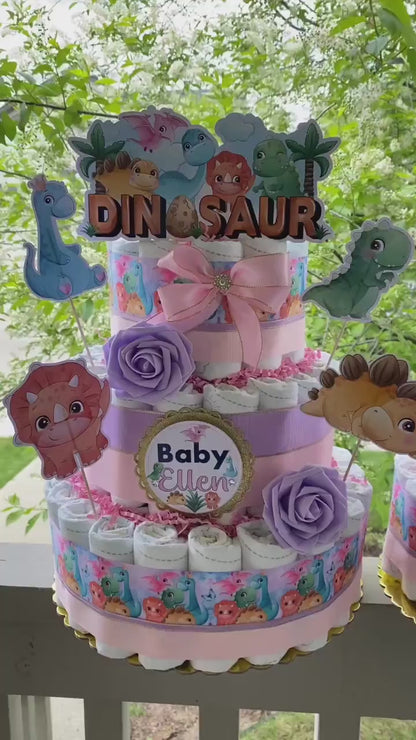 Girl Dinosaur Mini Diaper Cake Baby Shower, Pink Dino Diaper Cake Centerpieces Decor, Dinosaur Party, Room Nursery Decor, New Mom Gift - S14