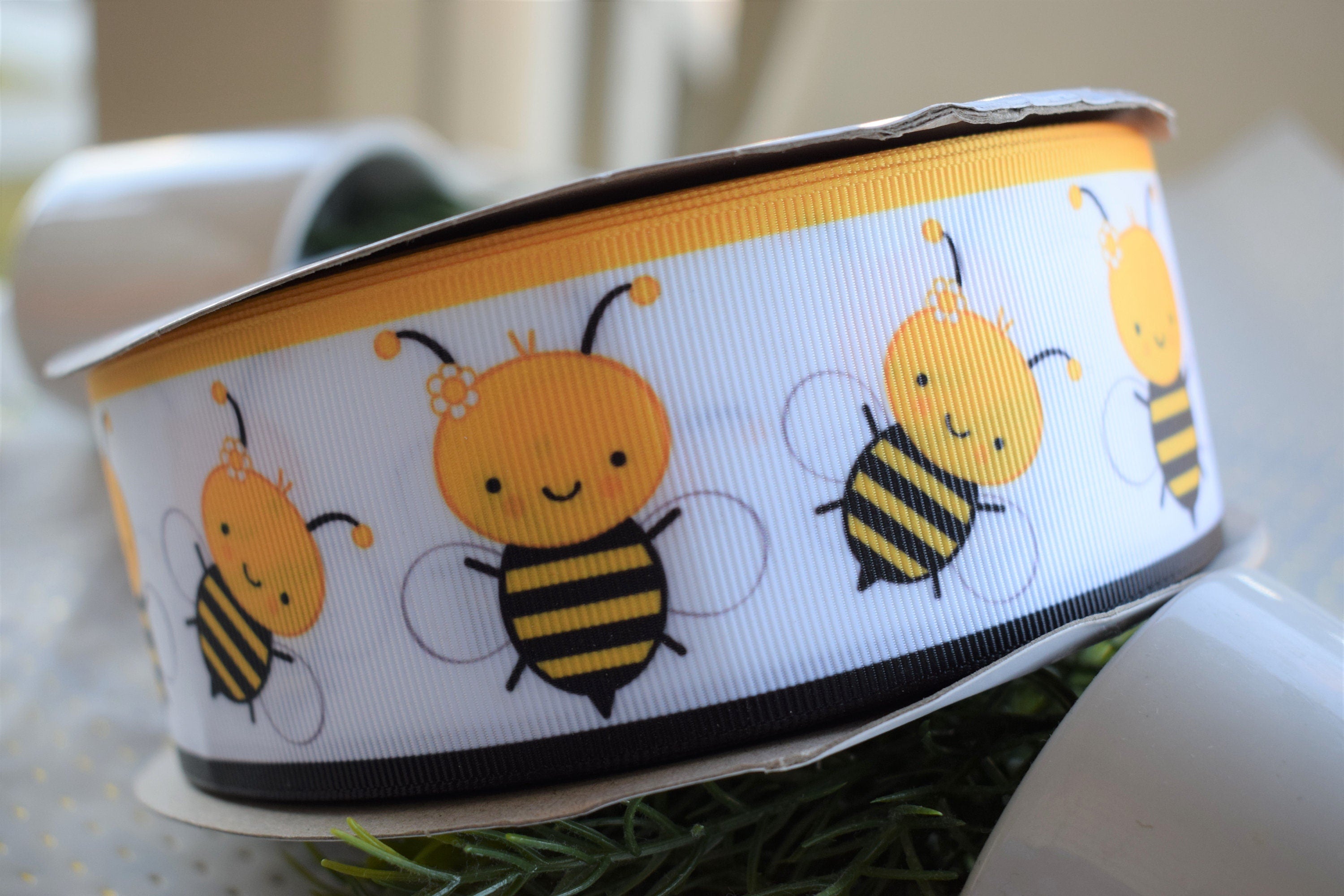 3) Bumble Bee print Ribbon 5/8 3 Yards Bee Print Yellow/Black on white NEW  9yds